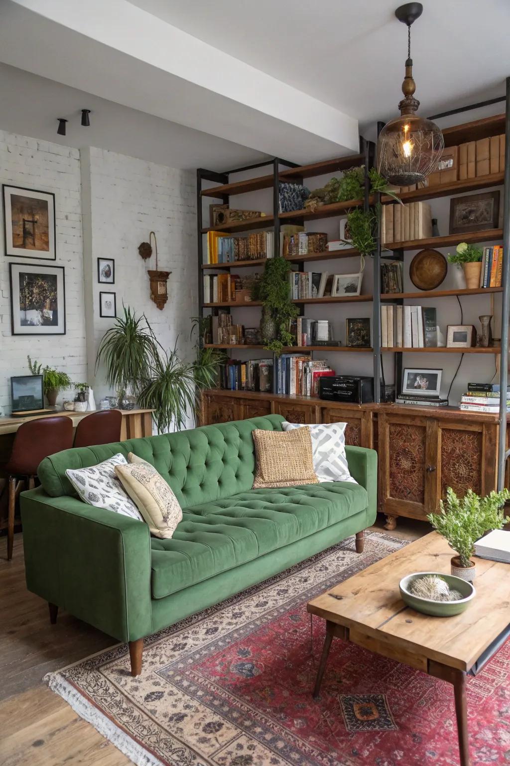 An artistic collage of styles creates a unique and personalized space around a green couch.