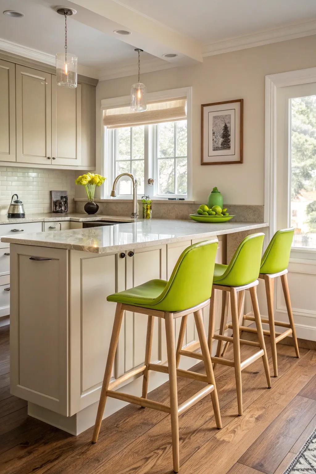 Vibrant green accents add a cheerful twist to the kitchen.
