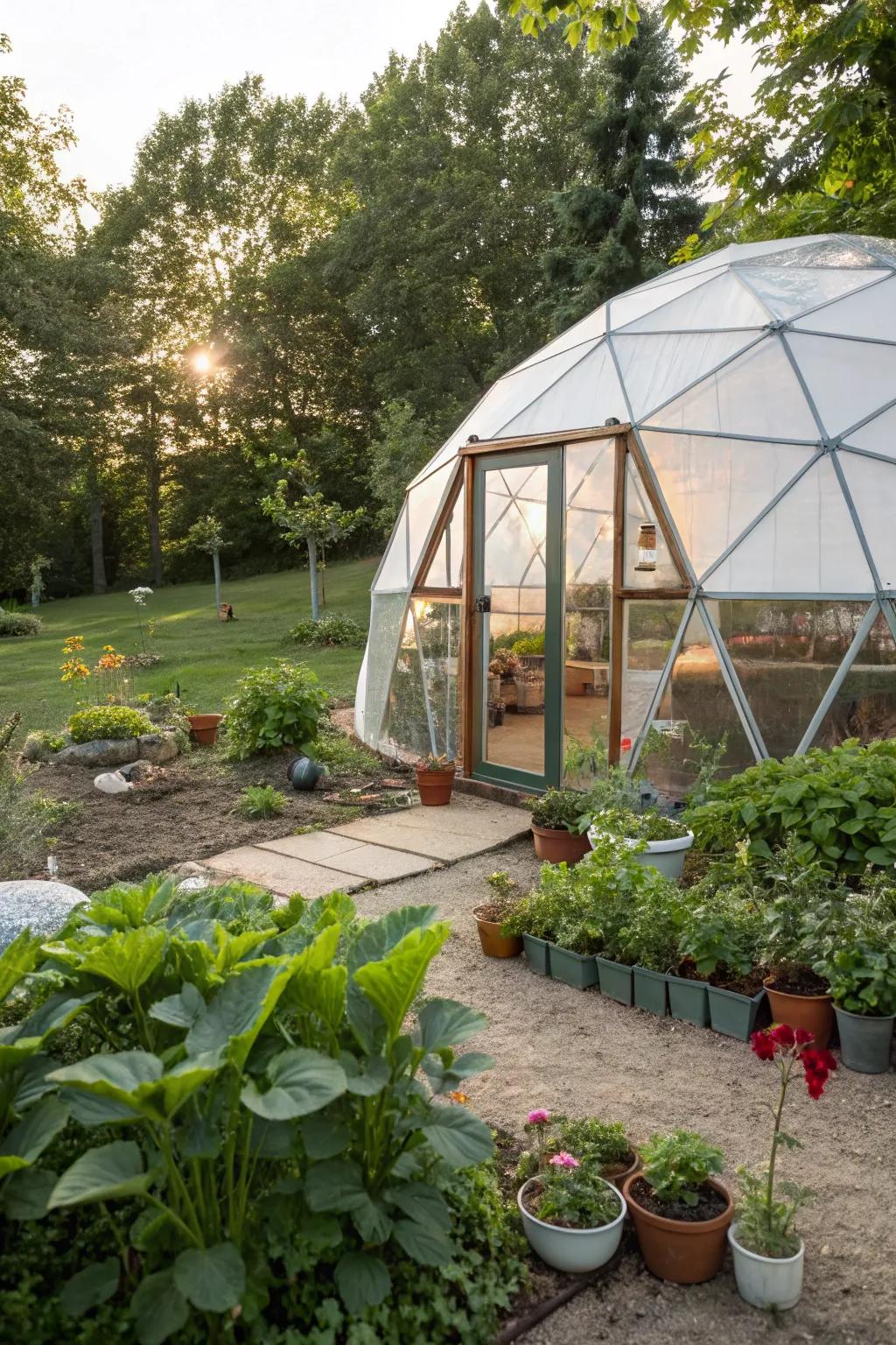 A geodesic greenhouse that is set apart through its innovative layout.