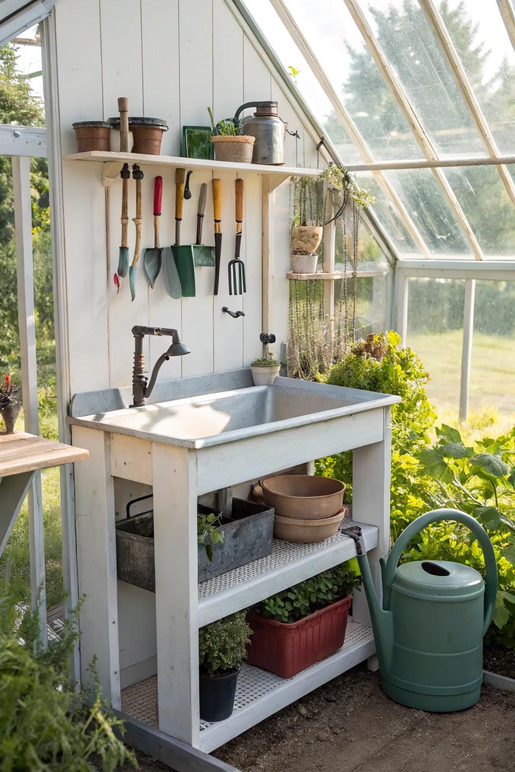 A gardening tool sink set improves organization and productivity.