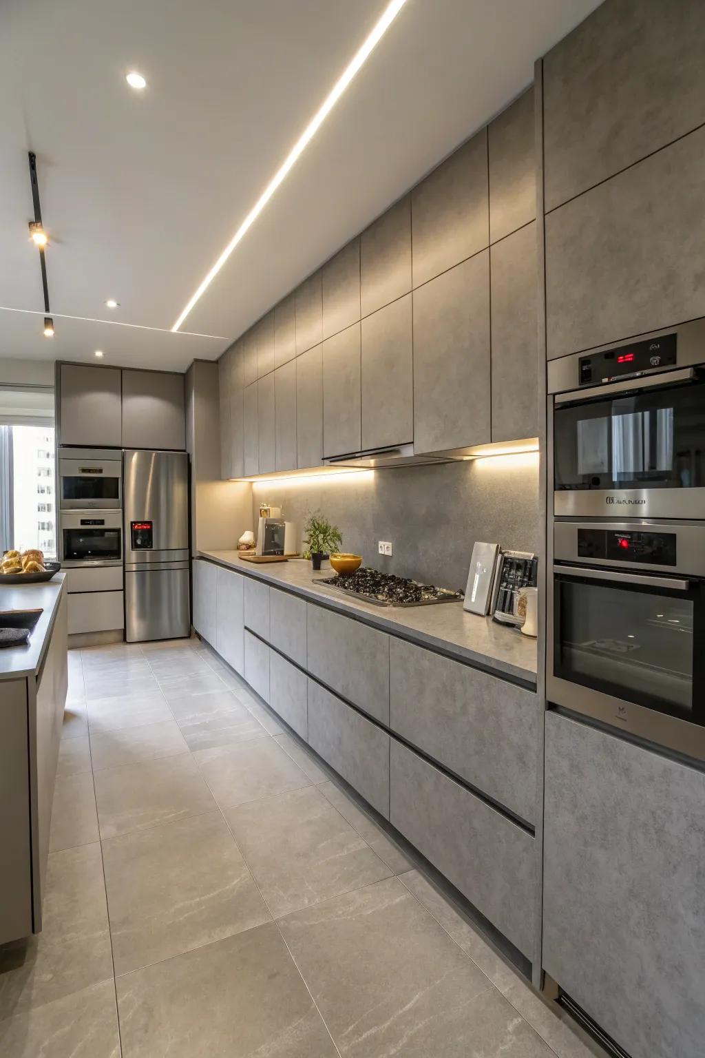 A kitchen features seamlessly integrated equipment and grey worktops.