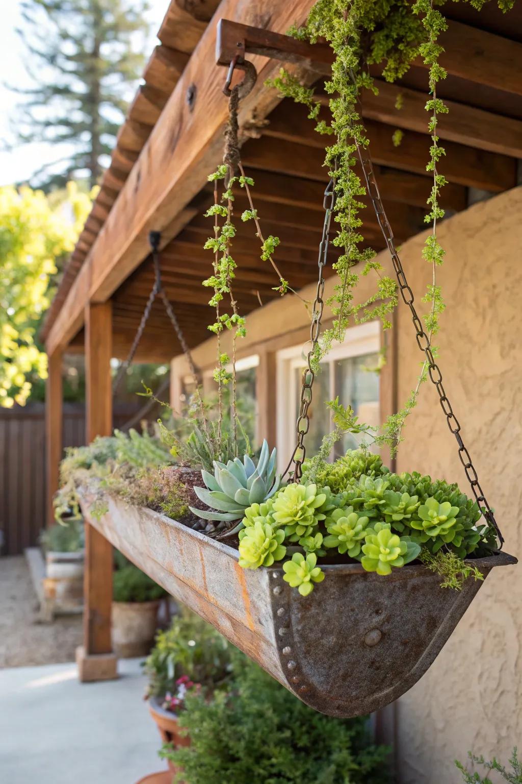 Transform your pergola with handcrafted hanging gutter planters for a striking vertical garden.