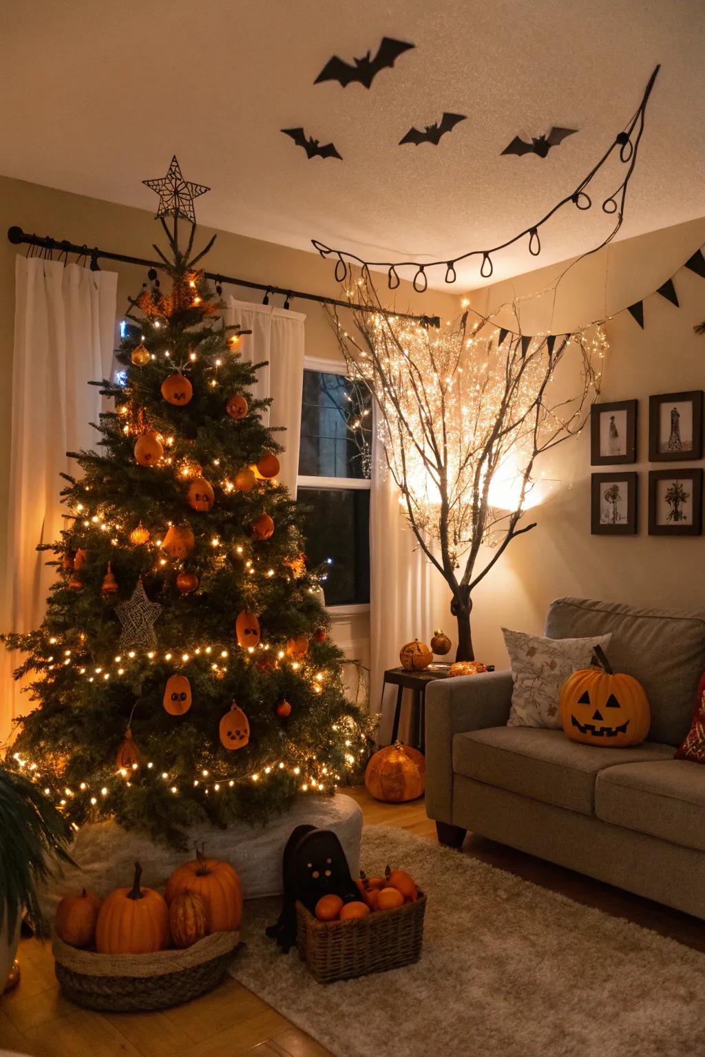 A Halloween tree adds an unexpected festive surprise.
