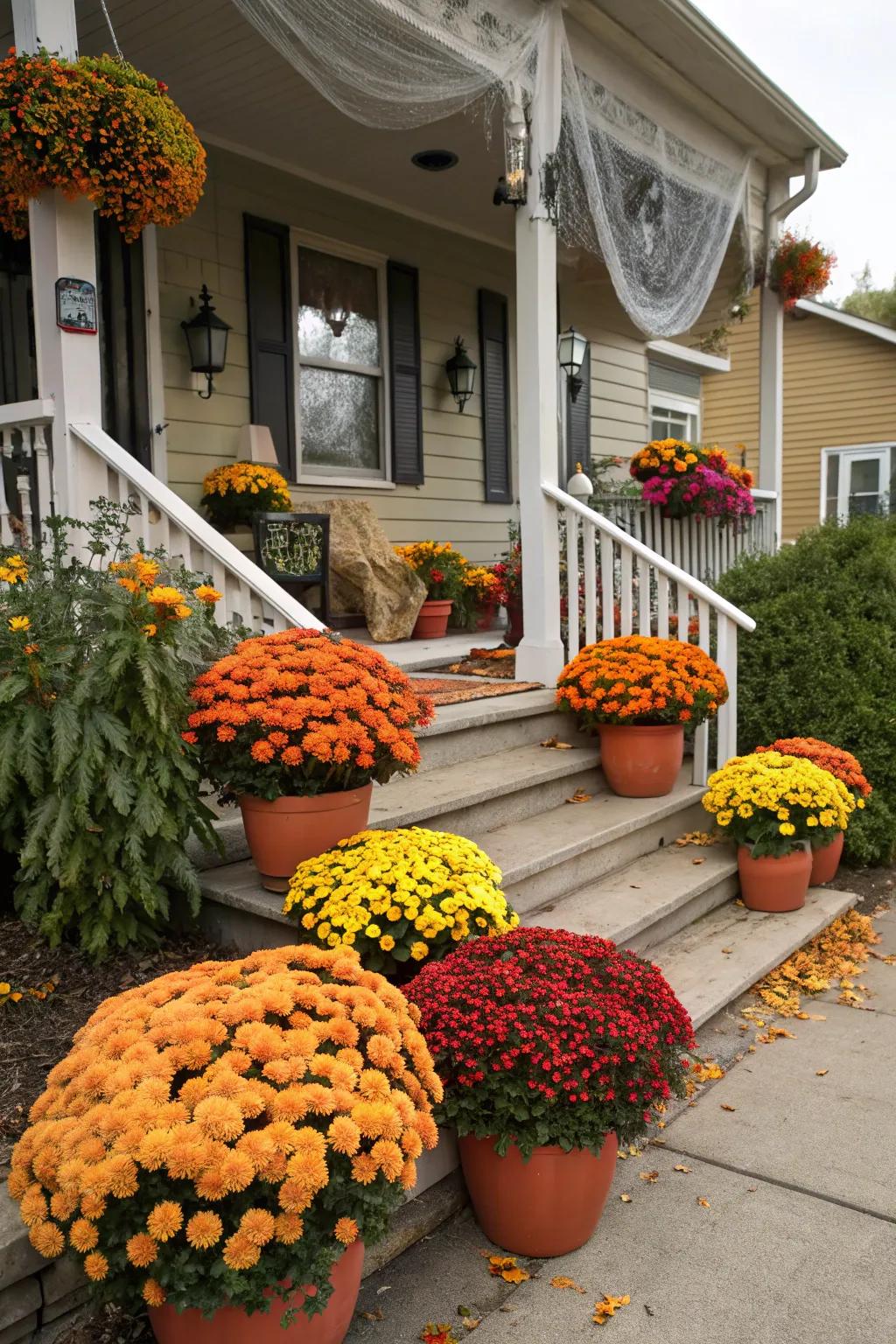 Enigmatic chrysanthemums impart vibrant pigmentation to this Halloween porch.