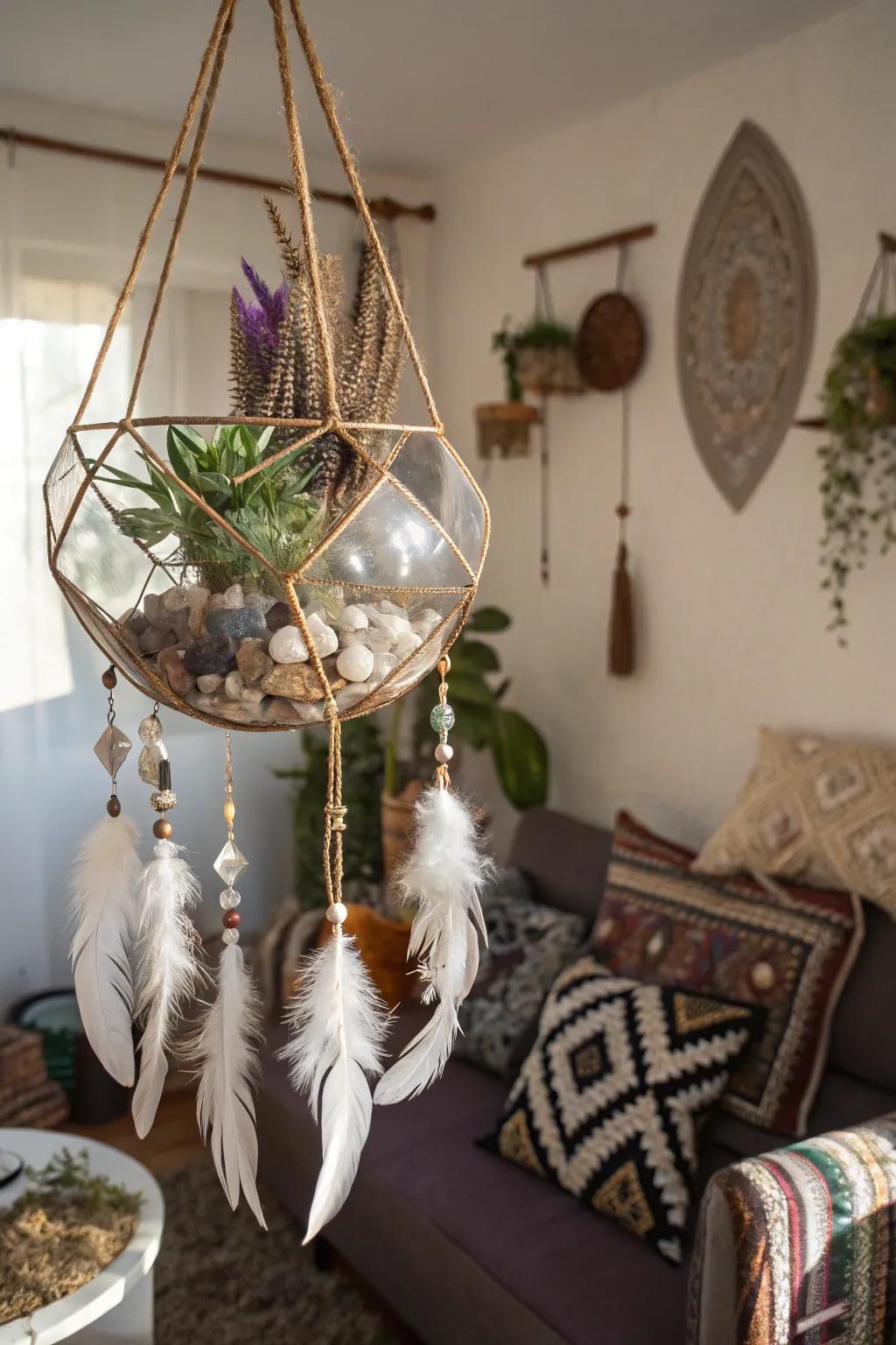 A bohemian planter with plumes and gems for a unique touch.