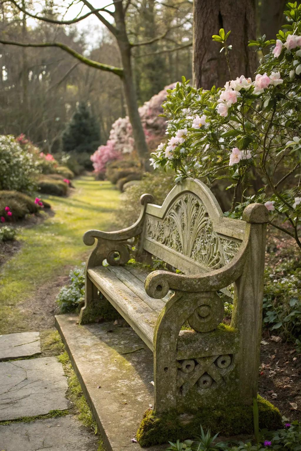 Artistic benches bring functionality and artistic beauty to garden spaces.