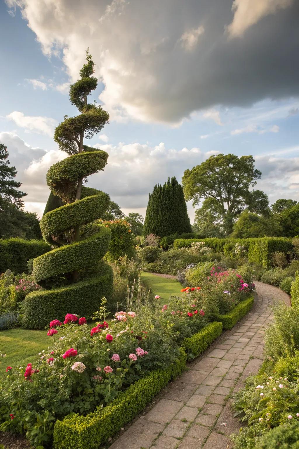 Spiral hedges offer a whimsical garden design