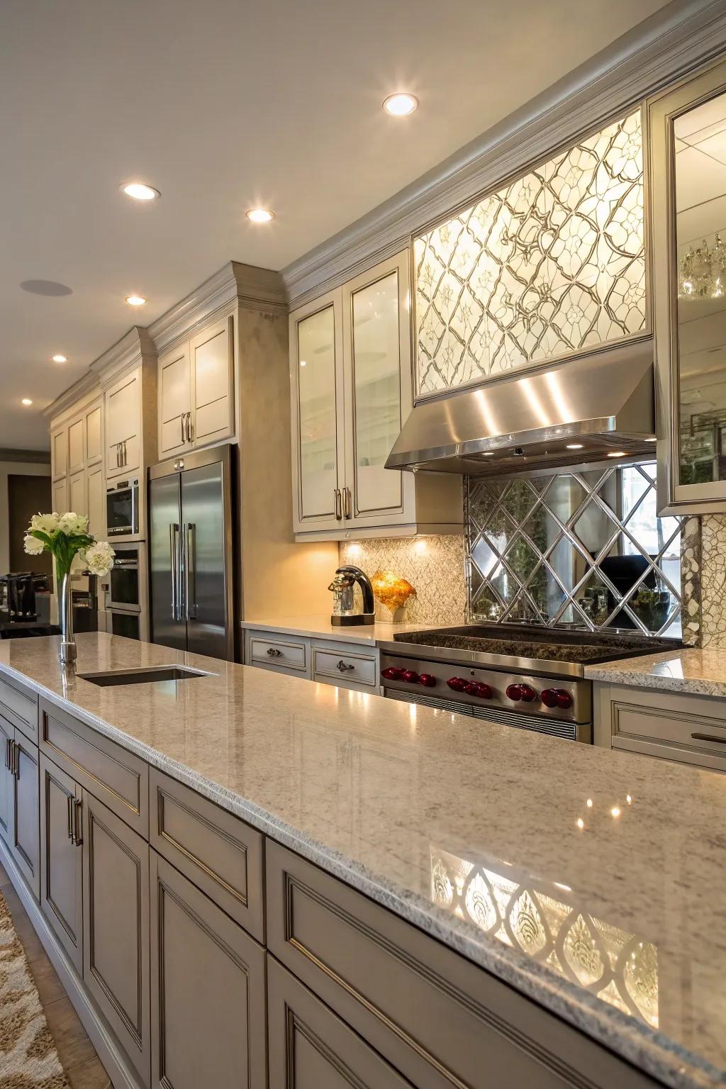 Mirrored backsplash to enhance light and space.