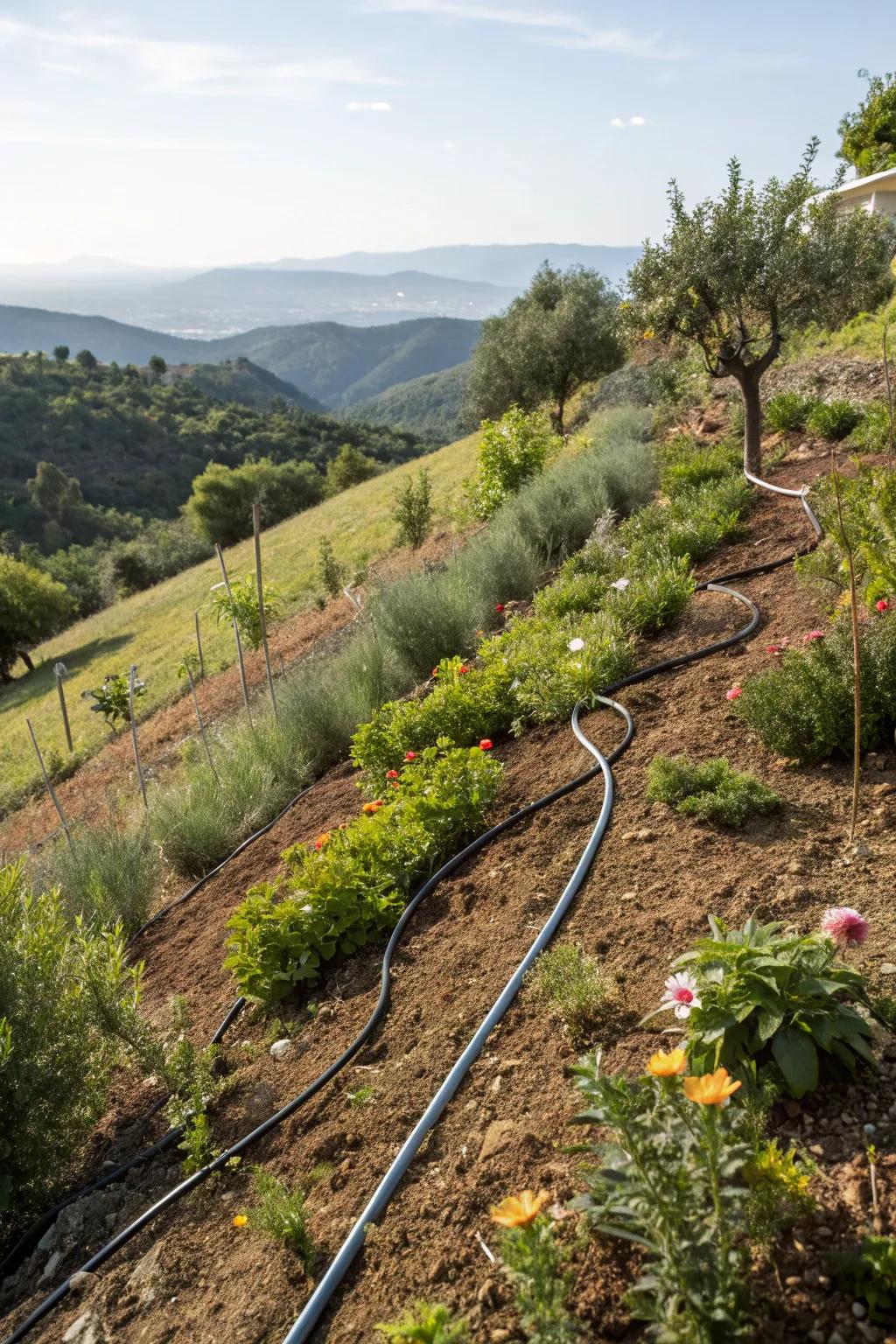 Trickle watering systems efficiently water hillside gardens while saving water.
