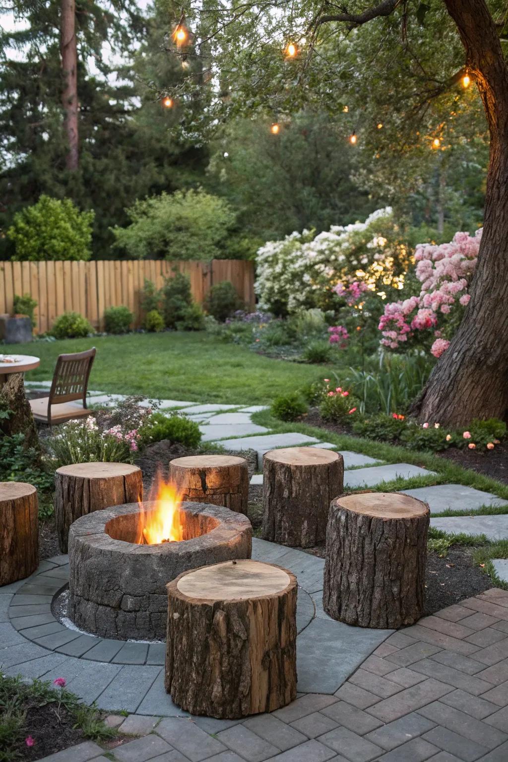 Natural stump seating around a fire pit creates a cozy gathering space.