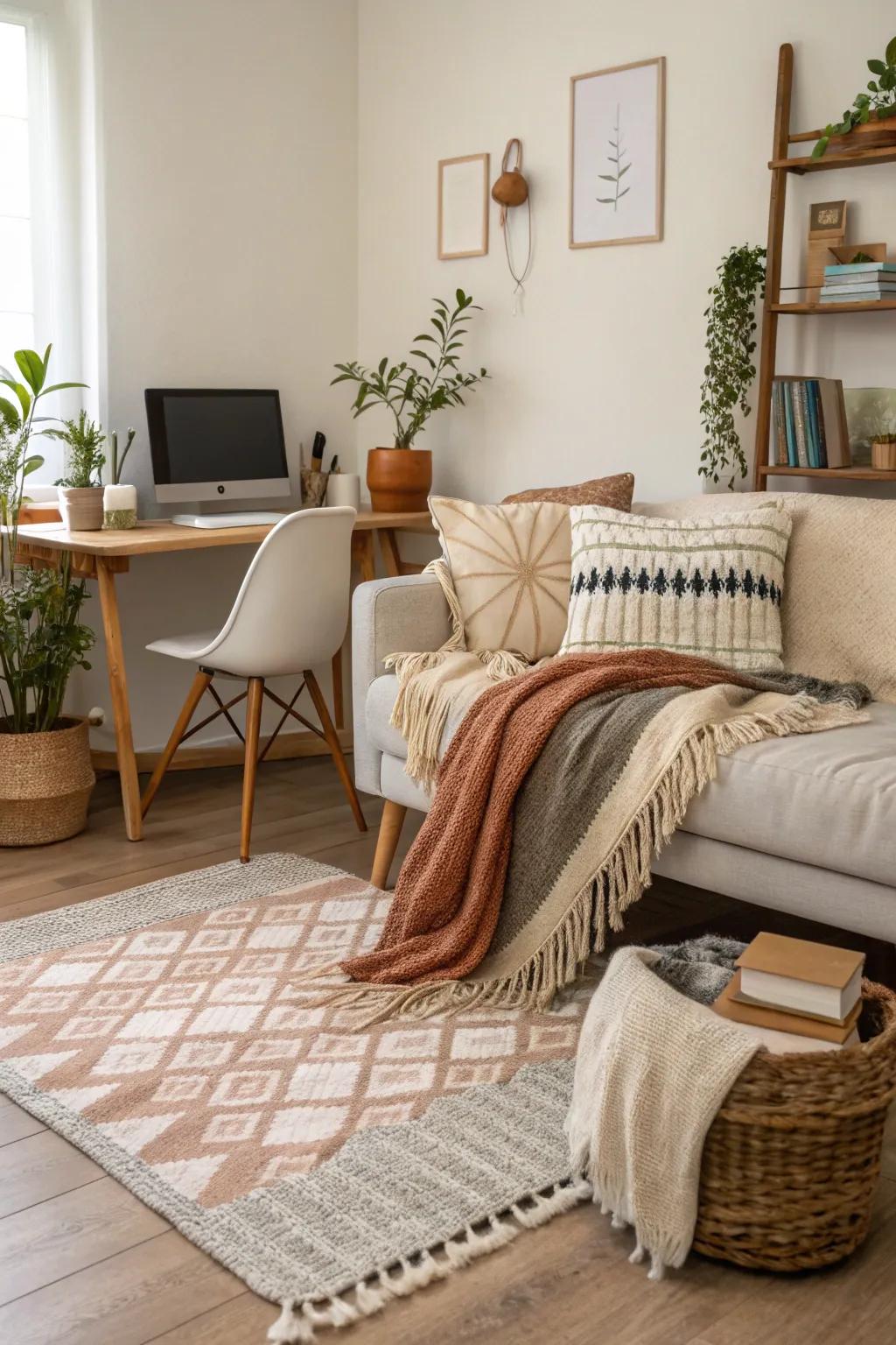 Layering textiles adds warmth and comfort to your workspace.