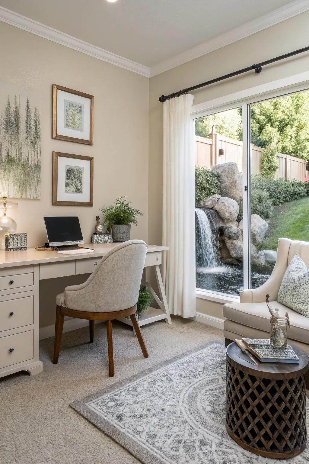 A zen workspace with calming colors and minimal decor.