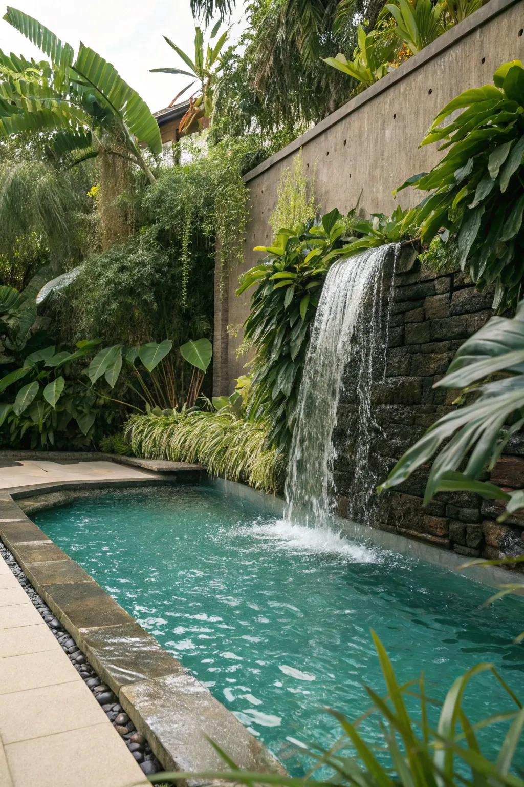 A pool with a waterfall feature for a soothing ambiance.