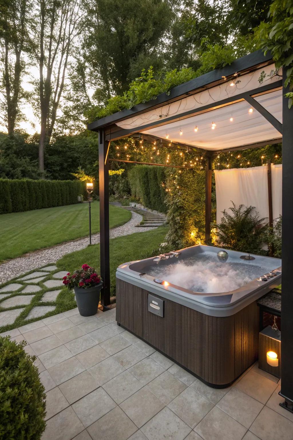 A pergola adds style and shelter to the hot tub area.
