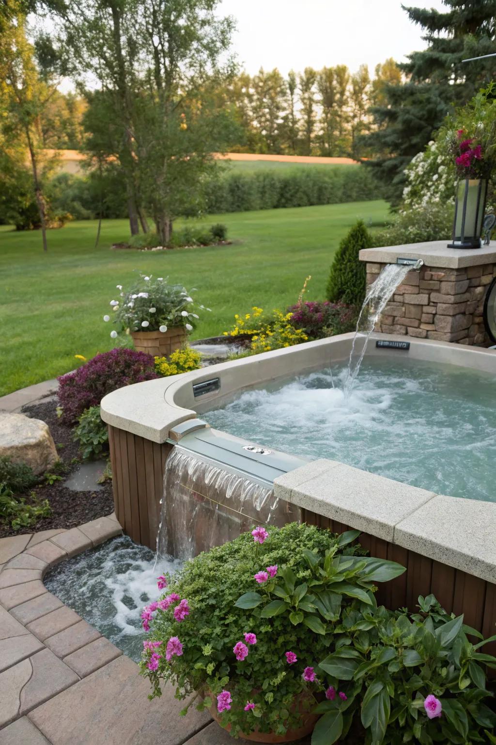 A waterfall adds elegance and a soothing sound to your hot tub area.