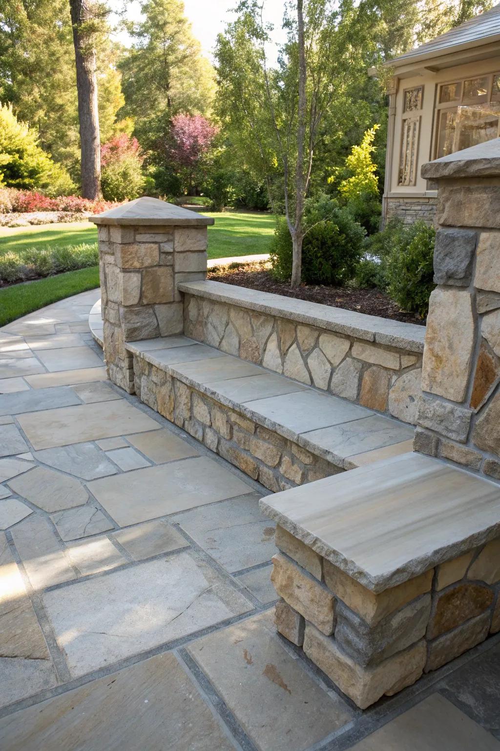 Enhance your patio with elegant built-in stone seating for style and functionality.