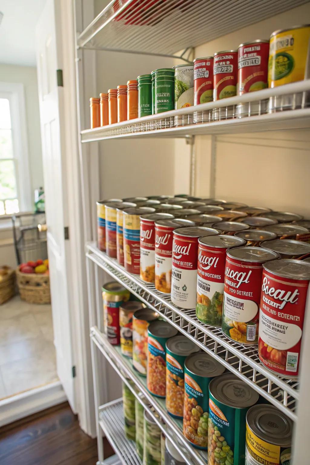 A canned goods frame efficiently arranges soup and vegetable cans.