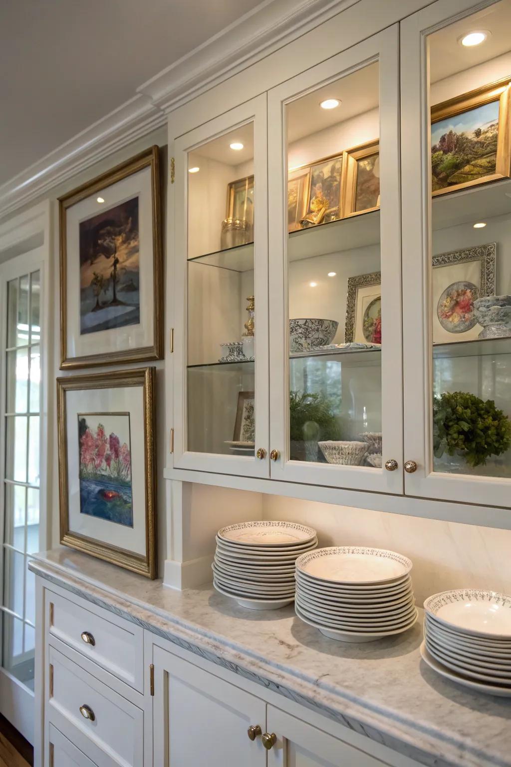 Artistic touches adding creativity to the glass cabinets.