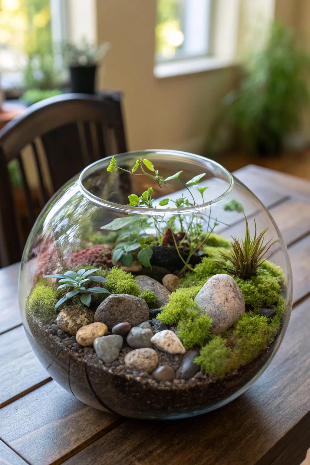 A terrarium offers a fascinating glimpse into a tiny ecosystem.
