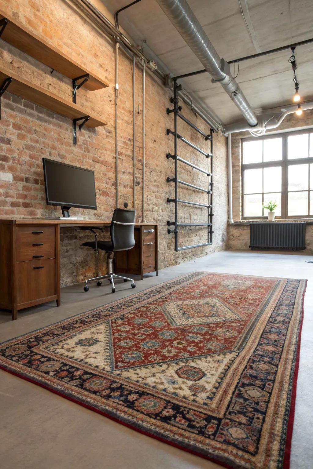 A textured rug adds comfort and defines the office space.