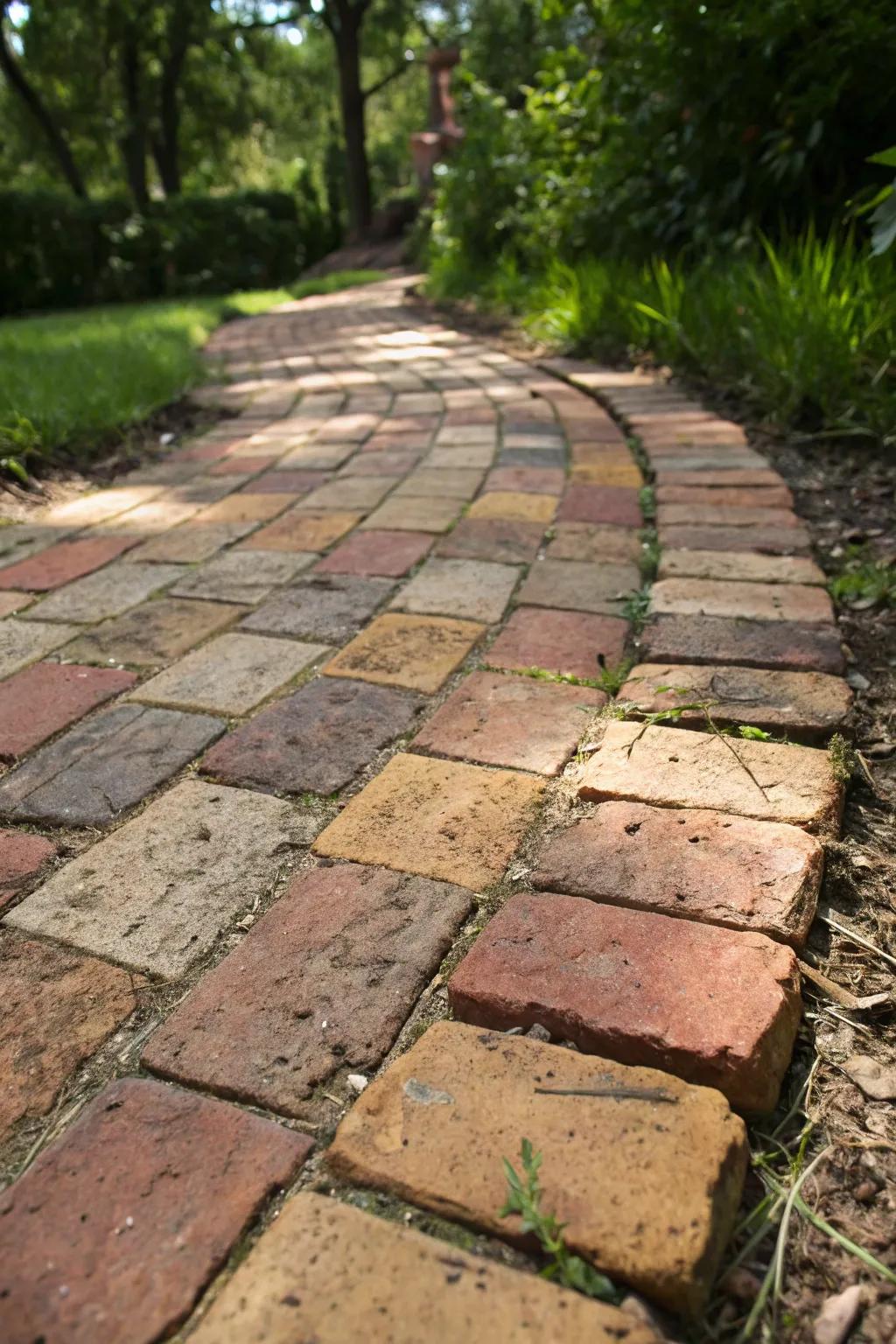 Discover the timeless allure of a recycled brick pathway, where history meets craftsmanship.