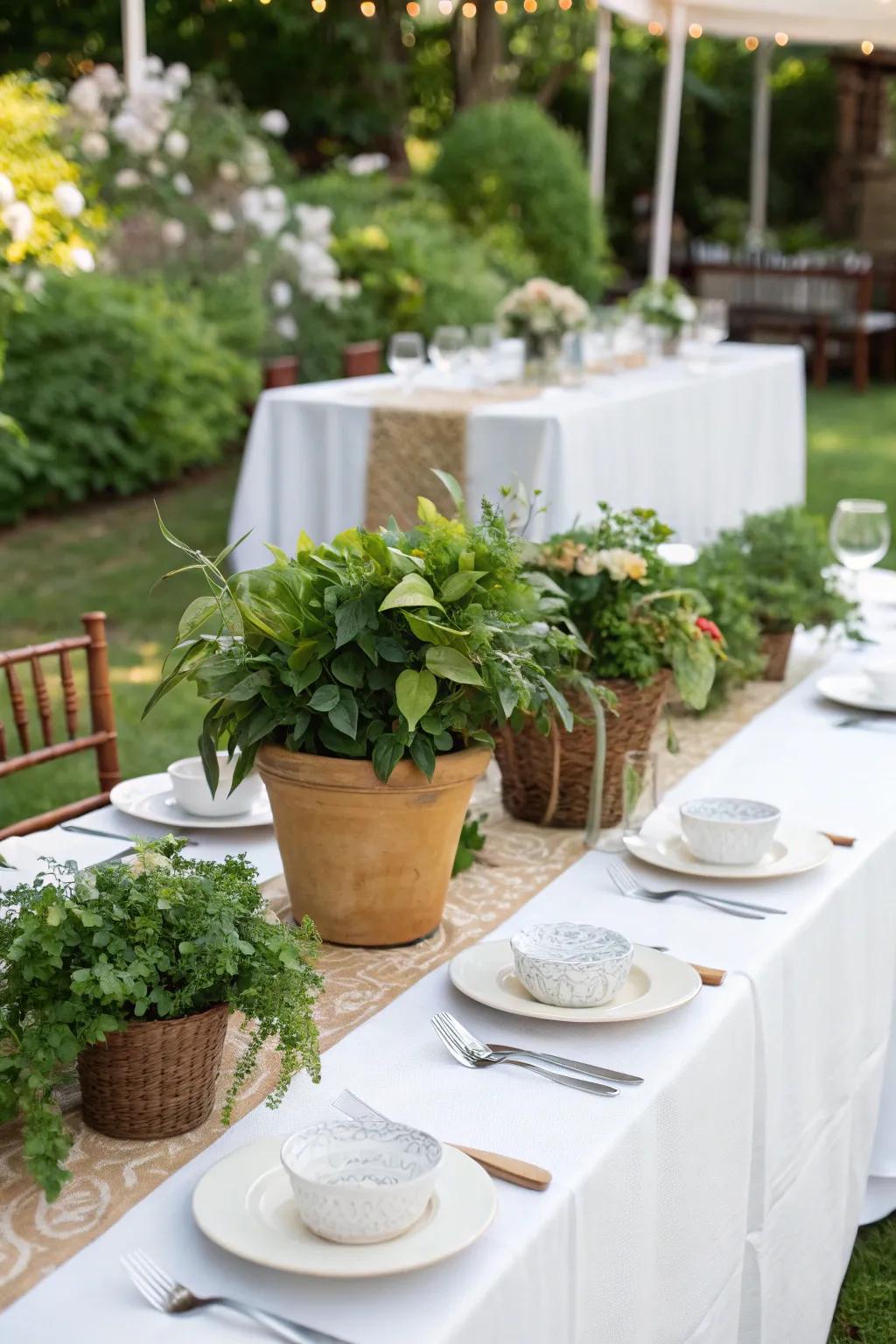 Sustainable crated flora serve as exquisite table focal points.