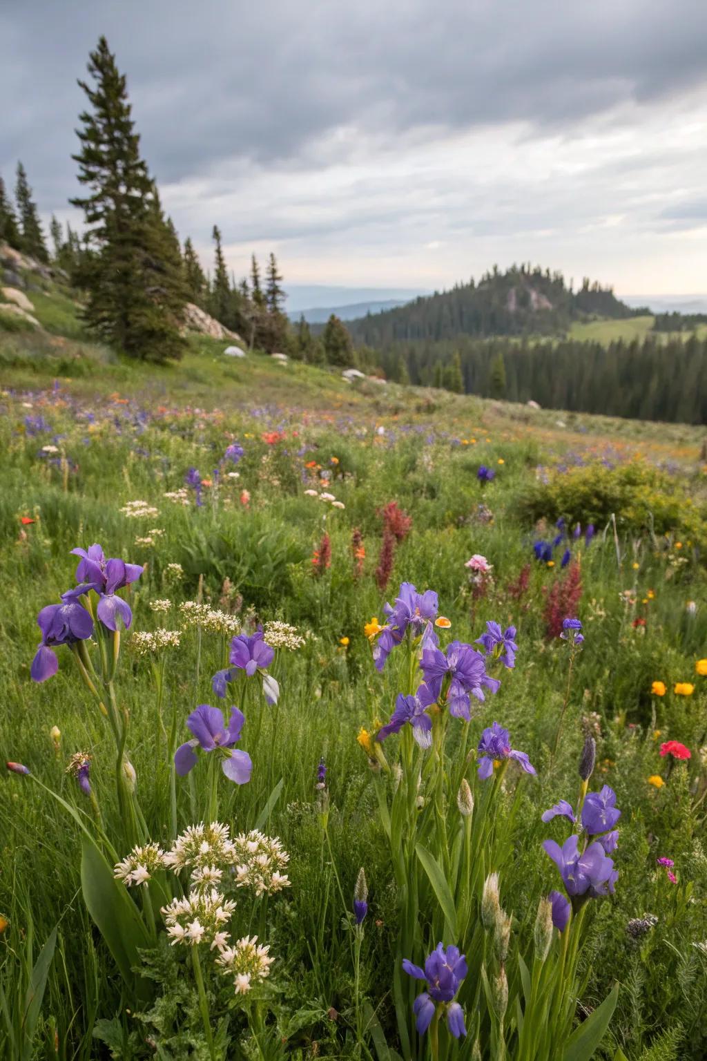 A wildflower meadow featuring irises for a natural, pollinator-friendly garden.