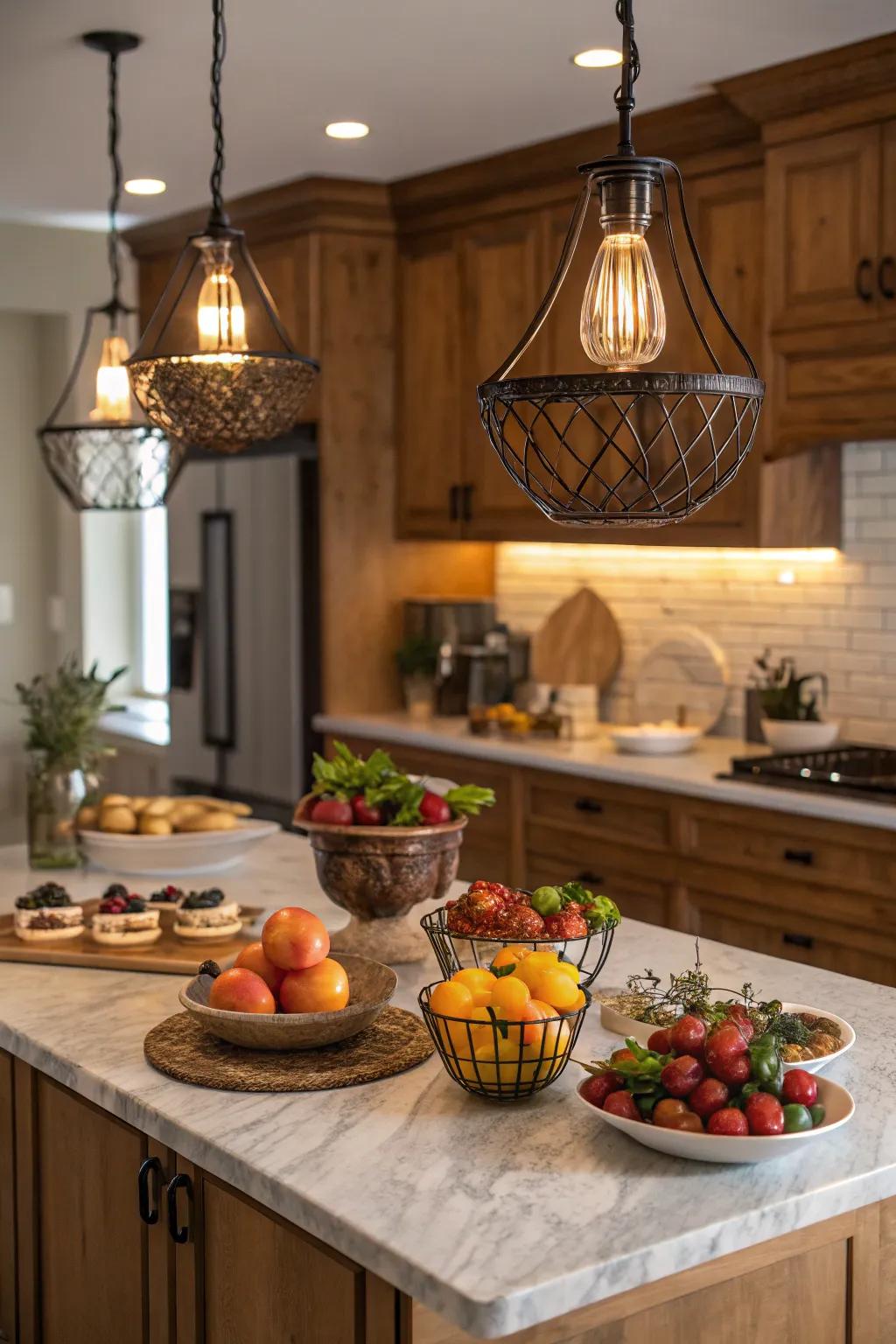 Hanging fixtures elevate the design and functionality of your kitchen island, making it more inviting.