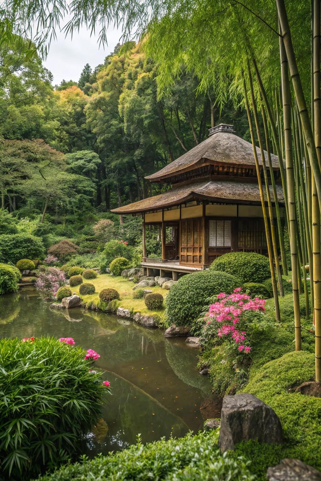 A charming tea spot nestled within a Japanese garden.