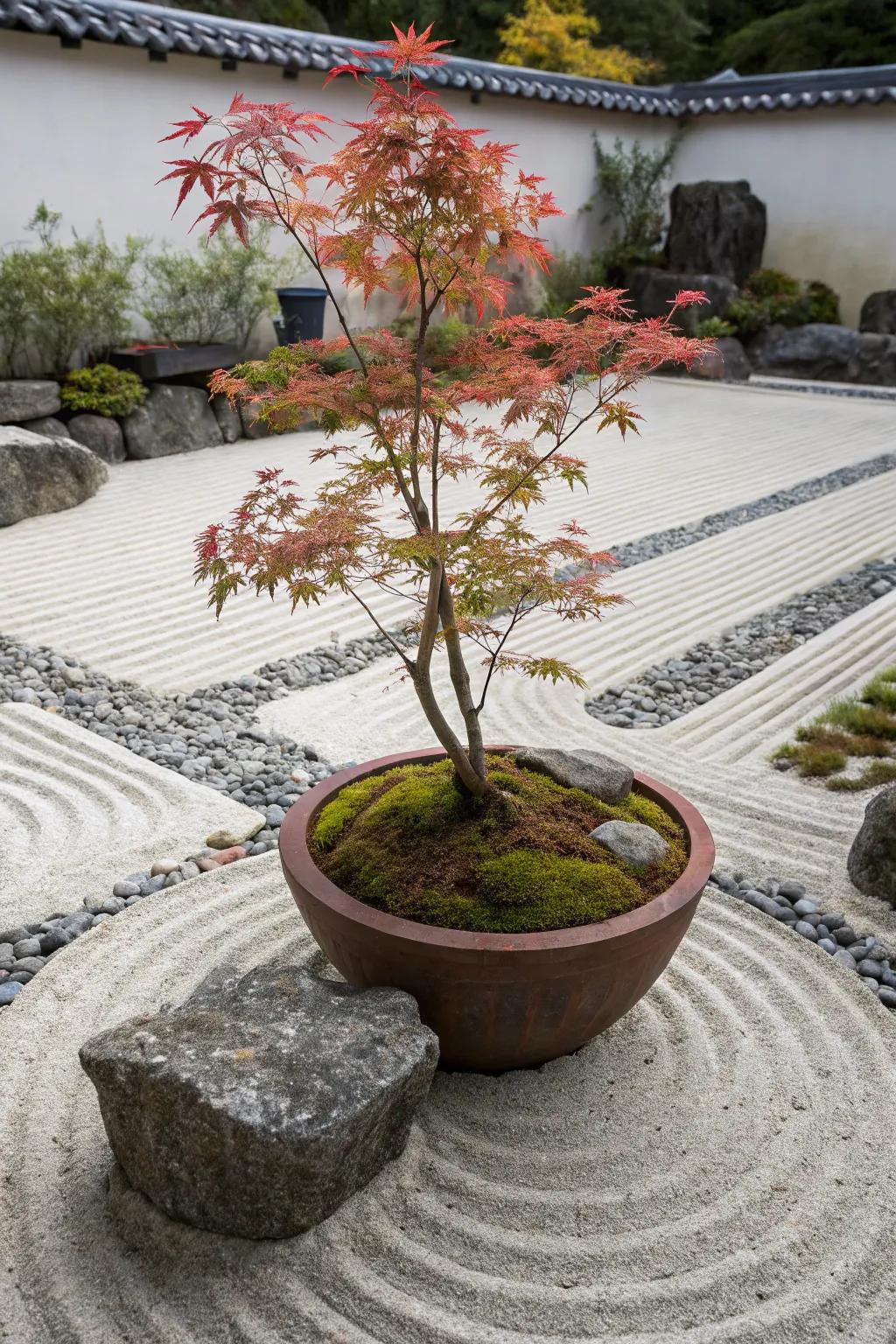 Serenity through a Zen garden-inspired Japanese maple pot.