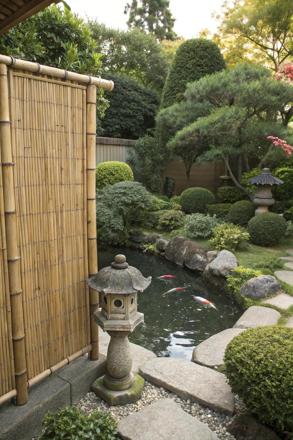 A bamboo screen offering privacy in a Japanese garden.