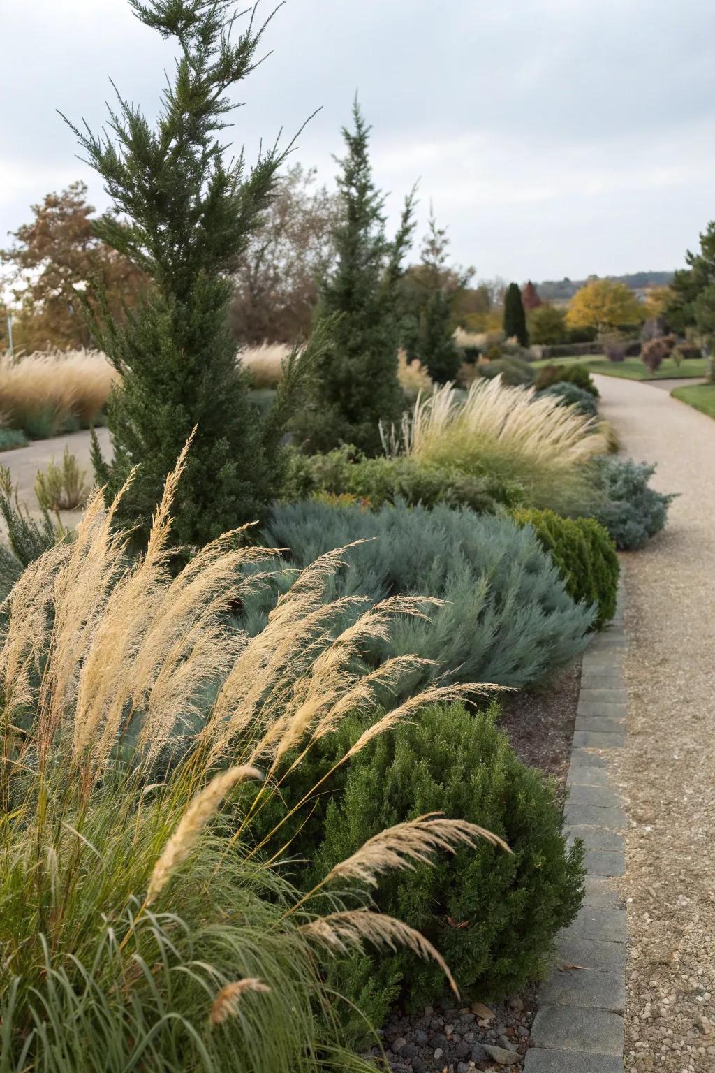 Mesmerizing contrast of junipers and ornamental grasses