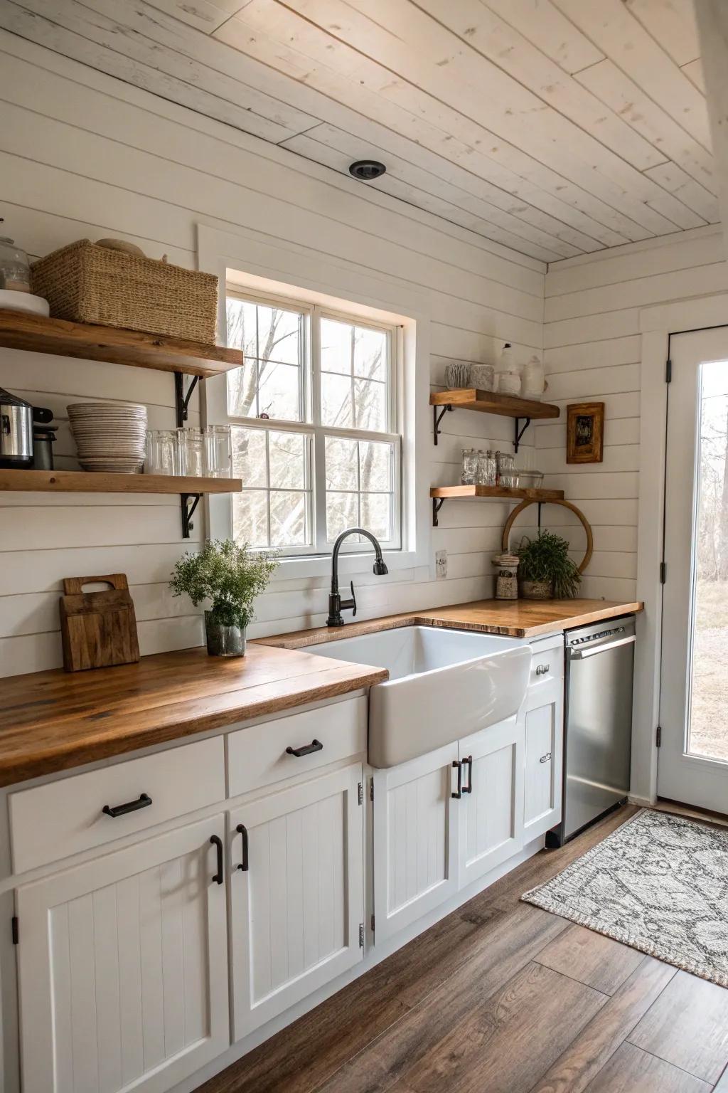 Rustic kitchen with shiplap accent wall.