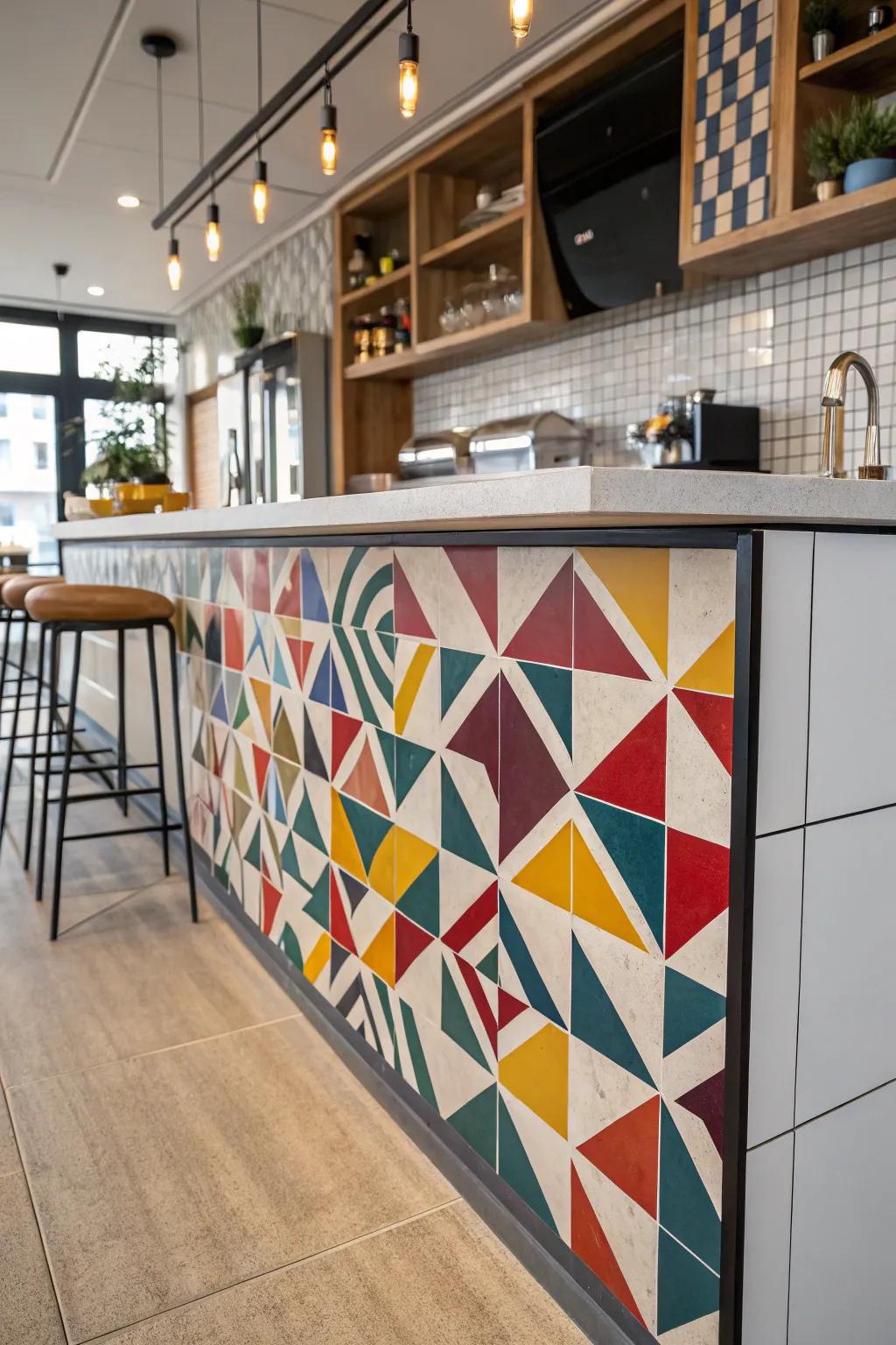 Bold tiles add character and flair to the kitchen bar.