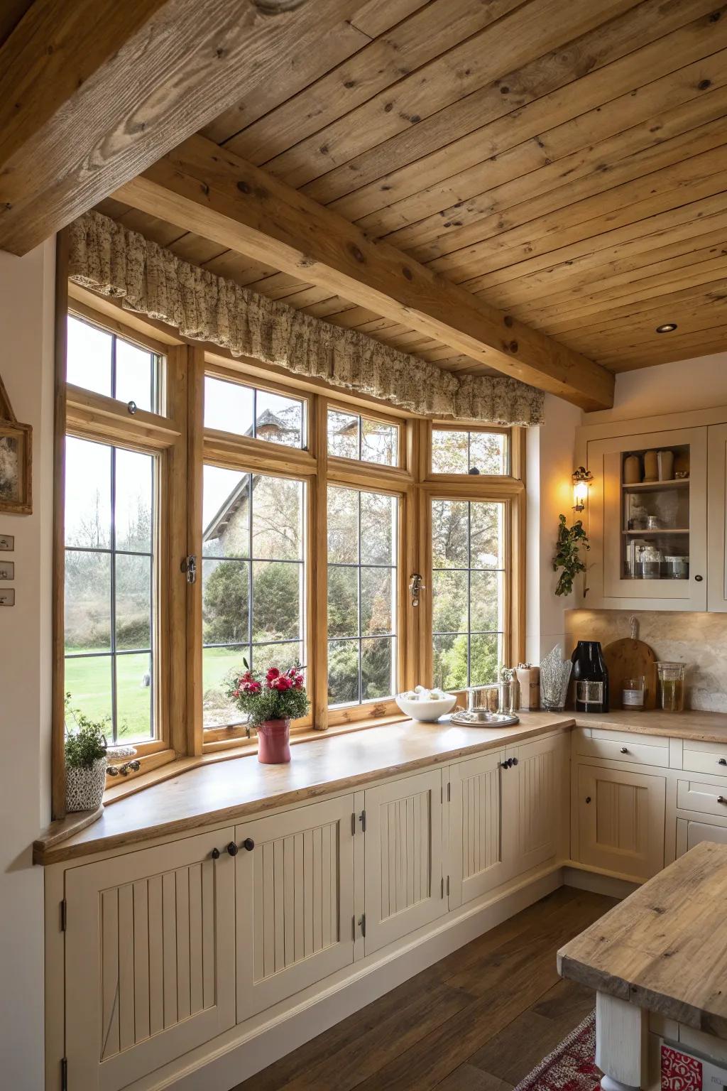 A rustic wood ceiling adding warmth to your bay window.