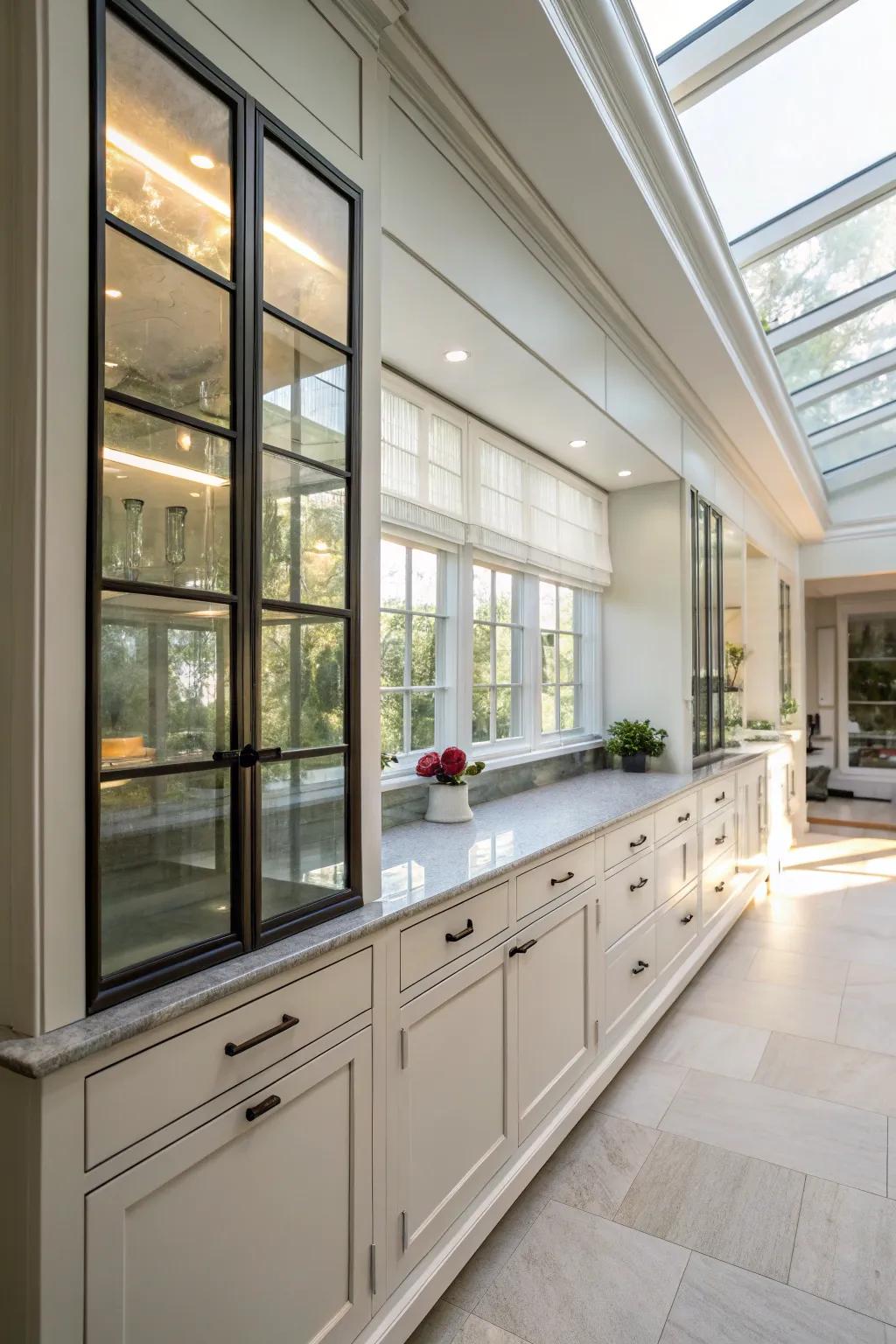 A bulkhead with glass panels, enhancing light flow in the kitchen.