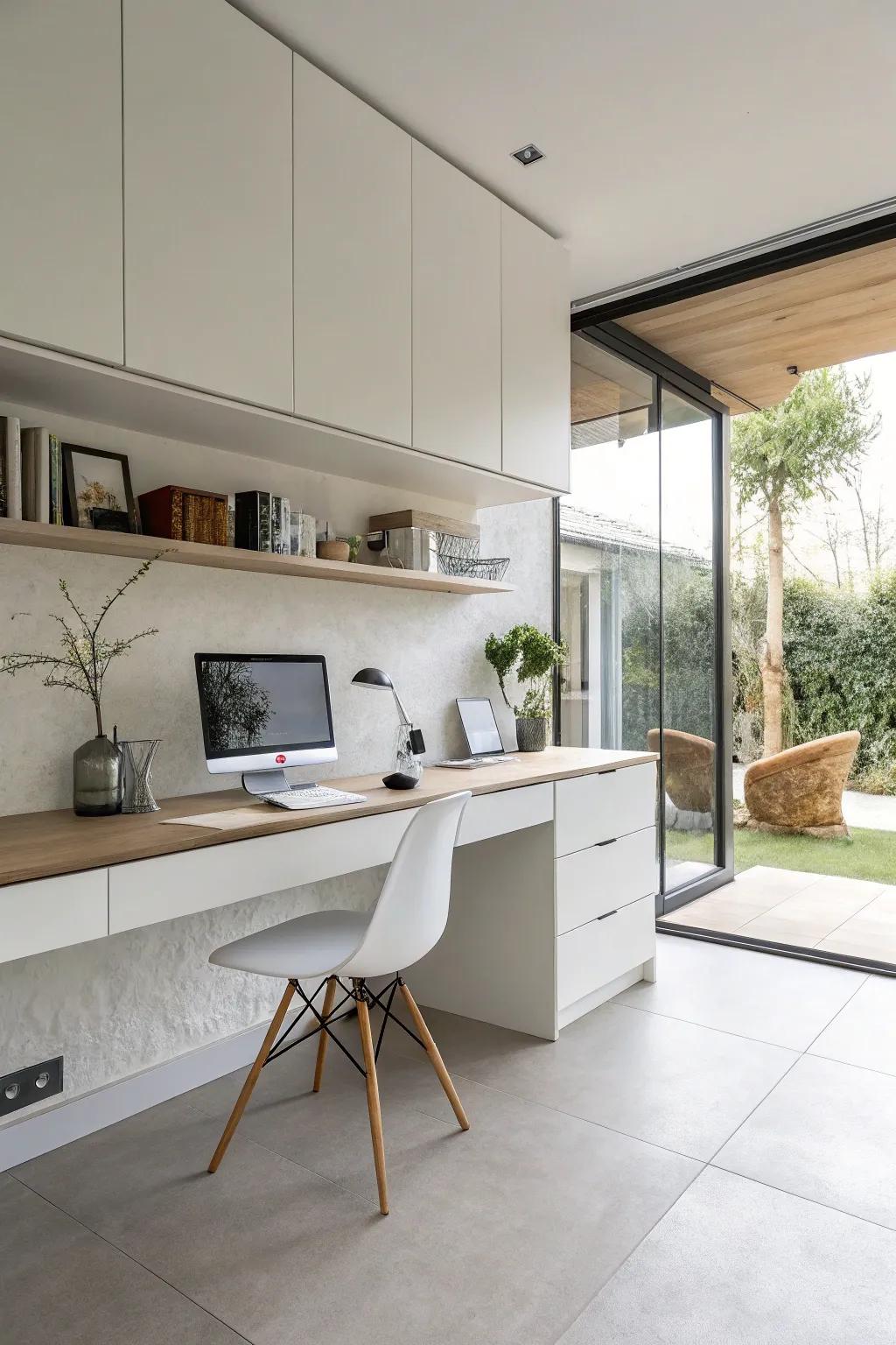 A minimalist kitchen featuring a sleek floating desk design.