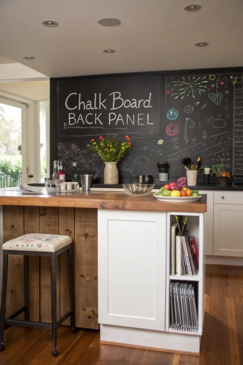 A chalkboard rear panel introduces a playful and interactive hint to this cooking island.