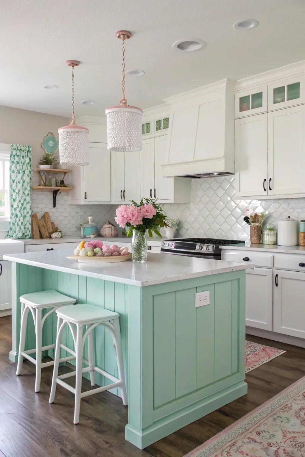 A spring green kitchen island offers a fresh and calming ambiance in this inviting kitchen.