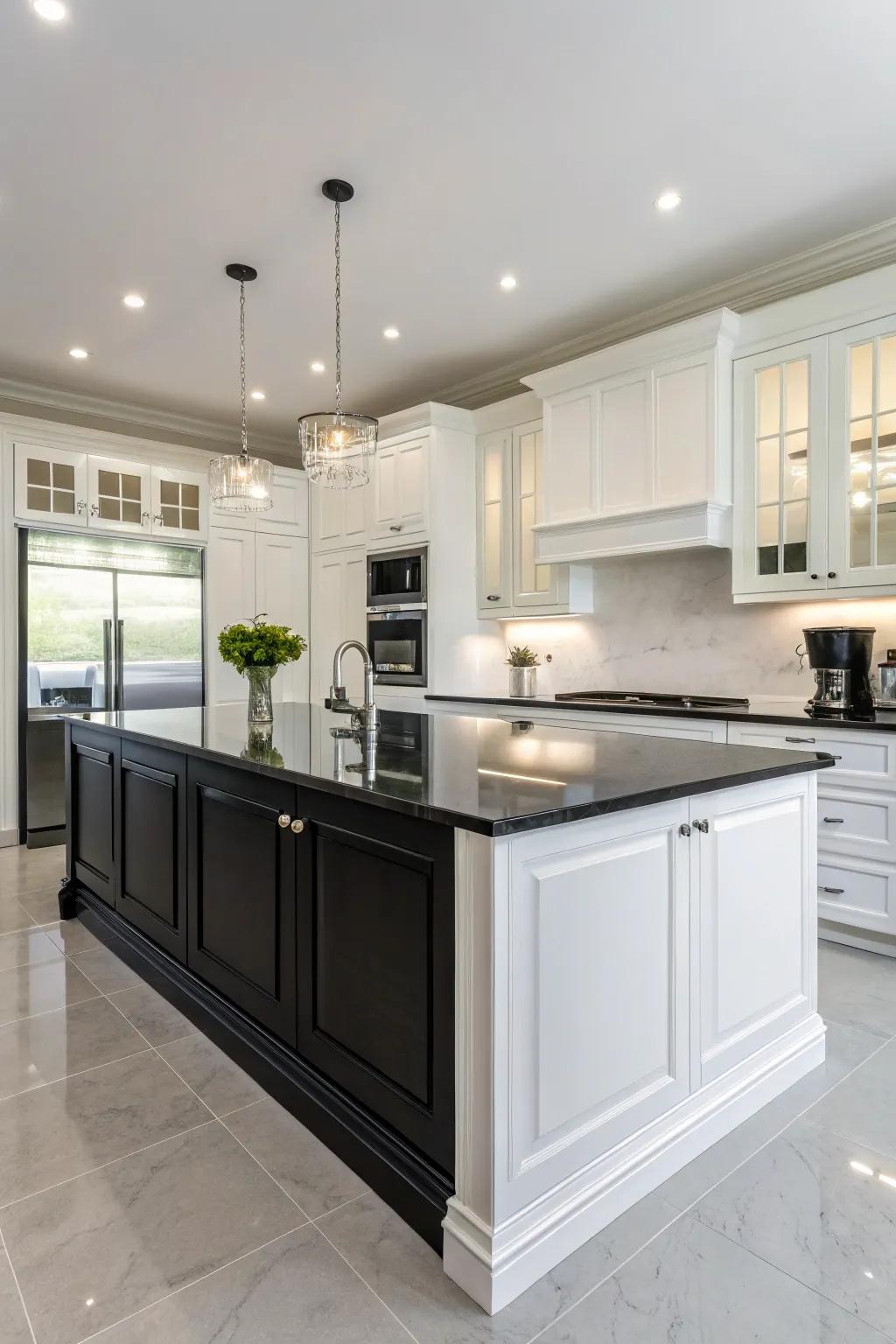 A kitchen featuring a high gloss black island that adds luxury to white cabinets.
