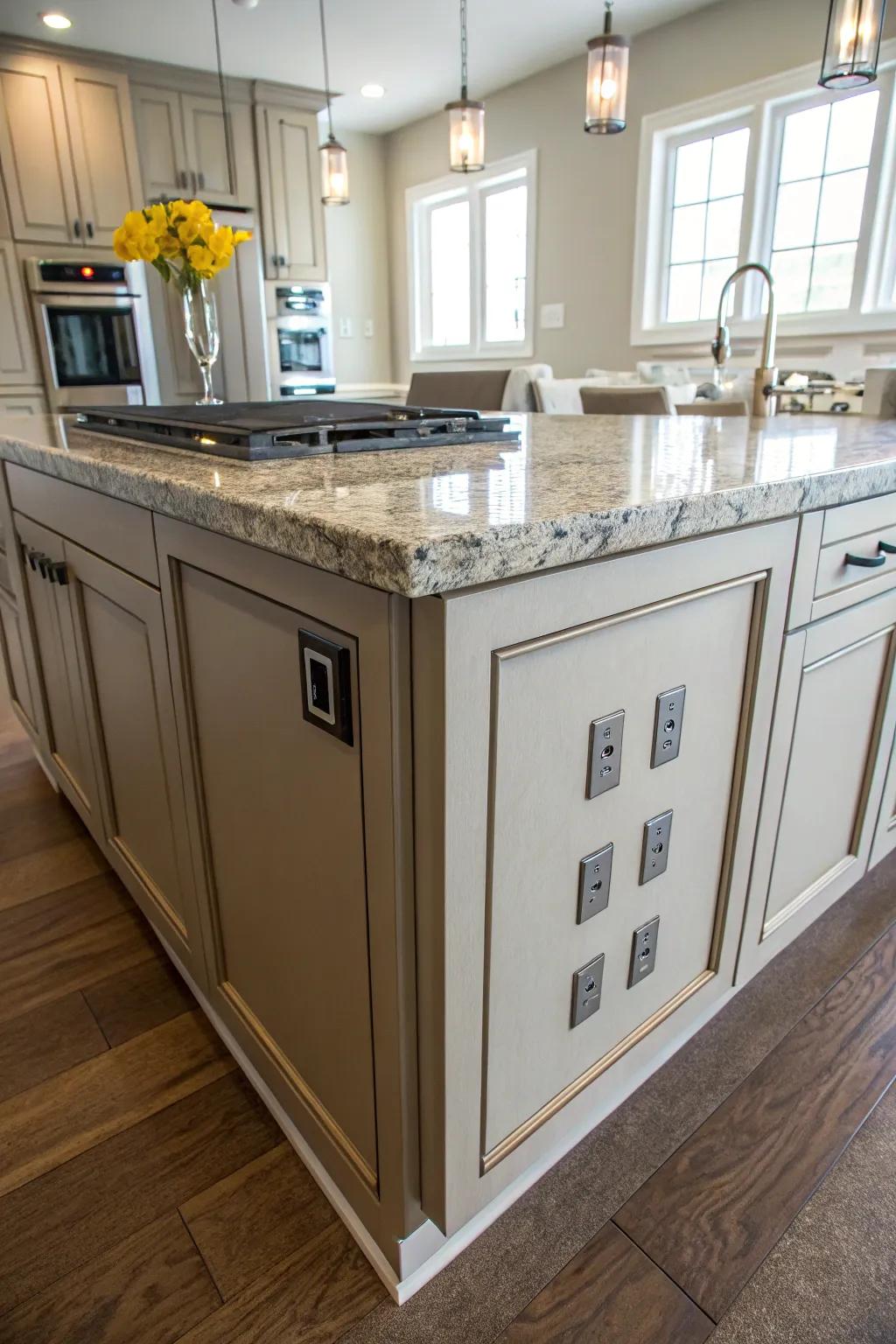 Faux cabinet panels offer a seamless integration of outlets.