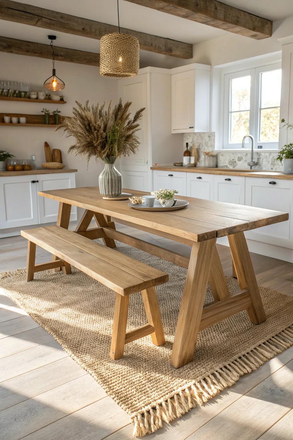 Elevate your kitchen space with a chic picnic-style extension, blending minimalist elegance with boho charm.