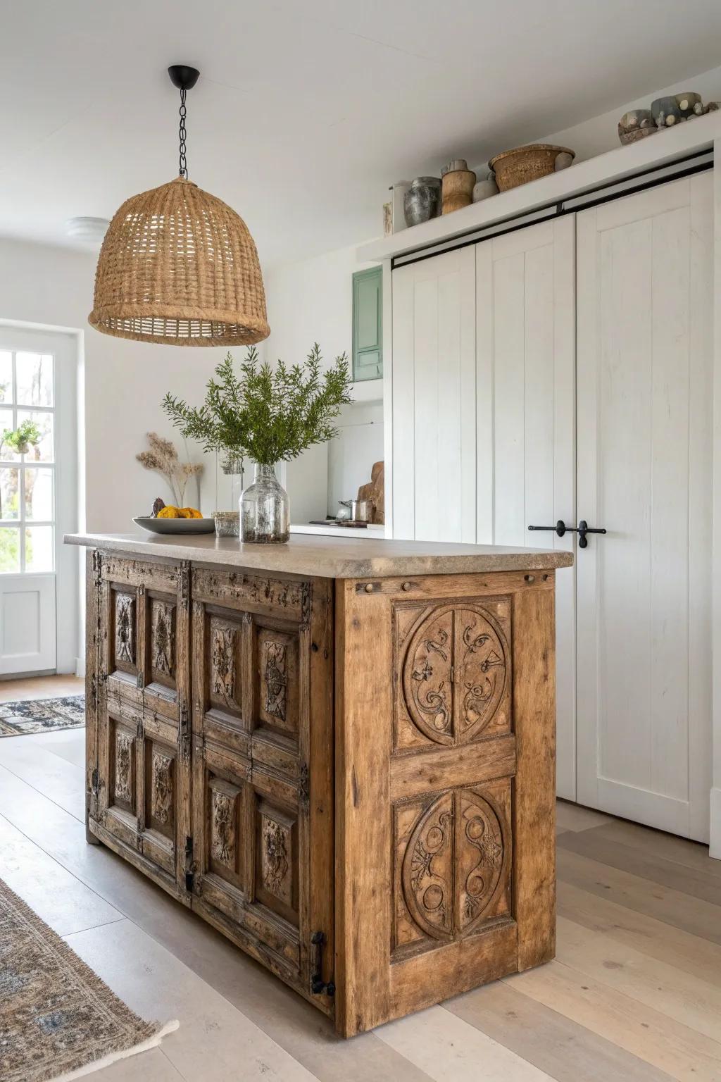 Transform your kitchen with a touch of vintage charm—repurpose an old door into a stunning island centerpiece!