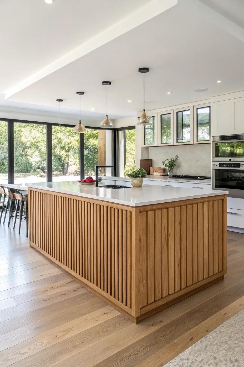 Vertical slats on the island create a striking and elongated look.