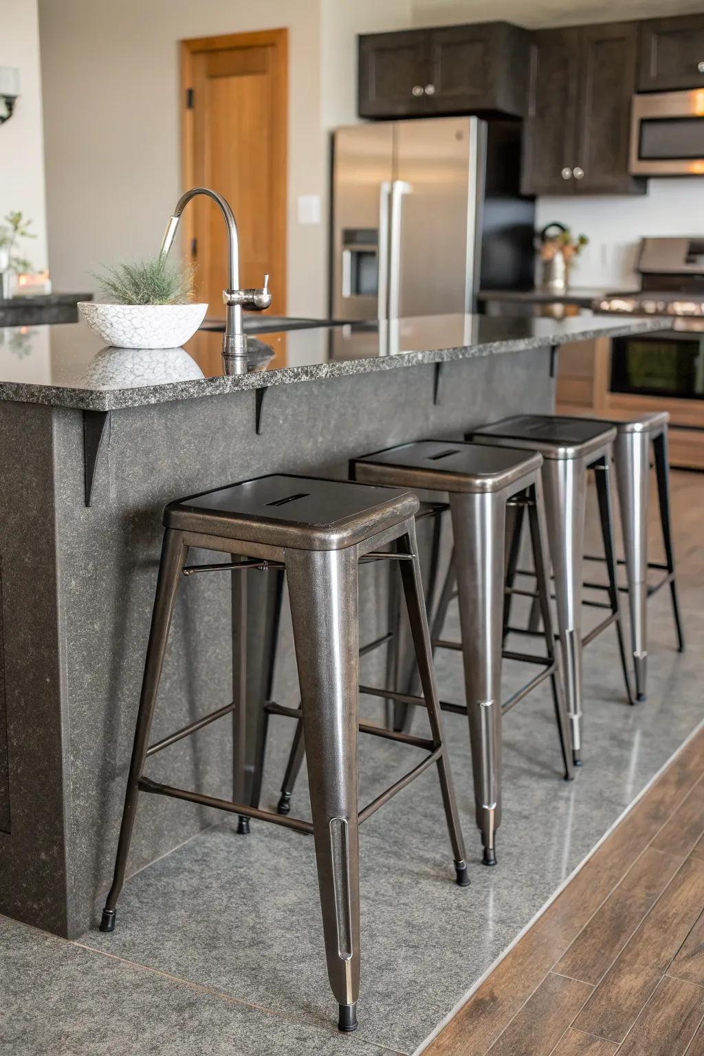 Steel stools introduce a loft-inspired vibe to your kitchen.
