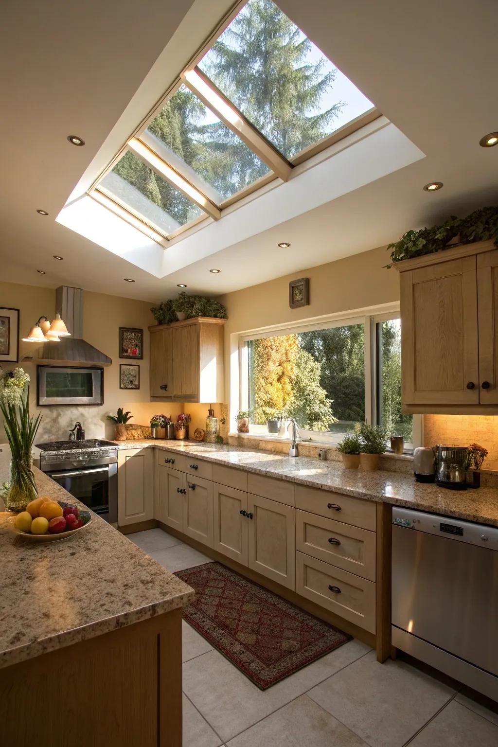 A kitchen improved by the sun's natural light entering through a daylight portal.