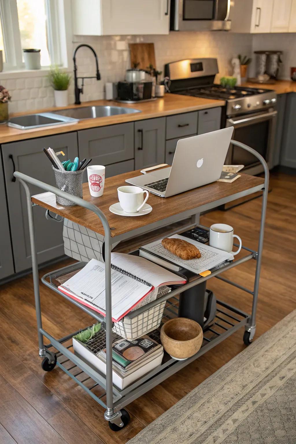 A portable office cart offers flexibility in a kitchen workspace.
