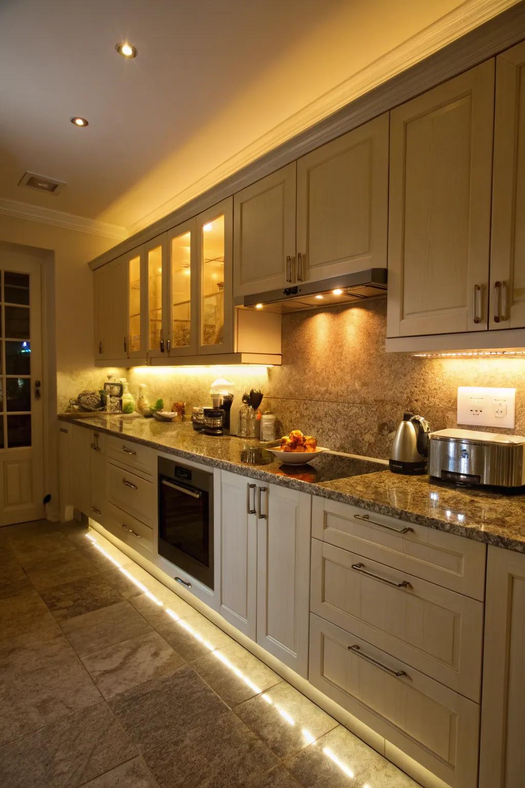 Under-cabinet lighting highlights organization and adds ambiance.
