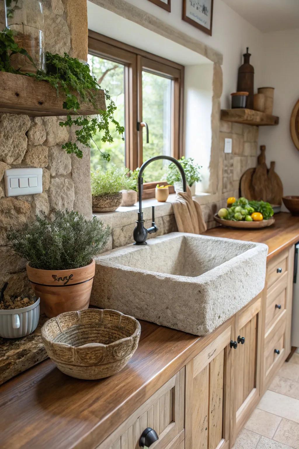 An organic kitchen featuring a stone sink for a natural aesthetic.