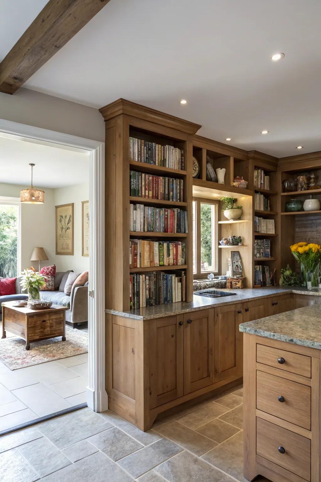 Display shelving offers storage while ensuring a visual connection between the rooms, enhancing the open feel.